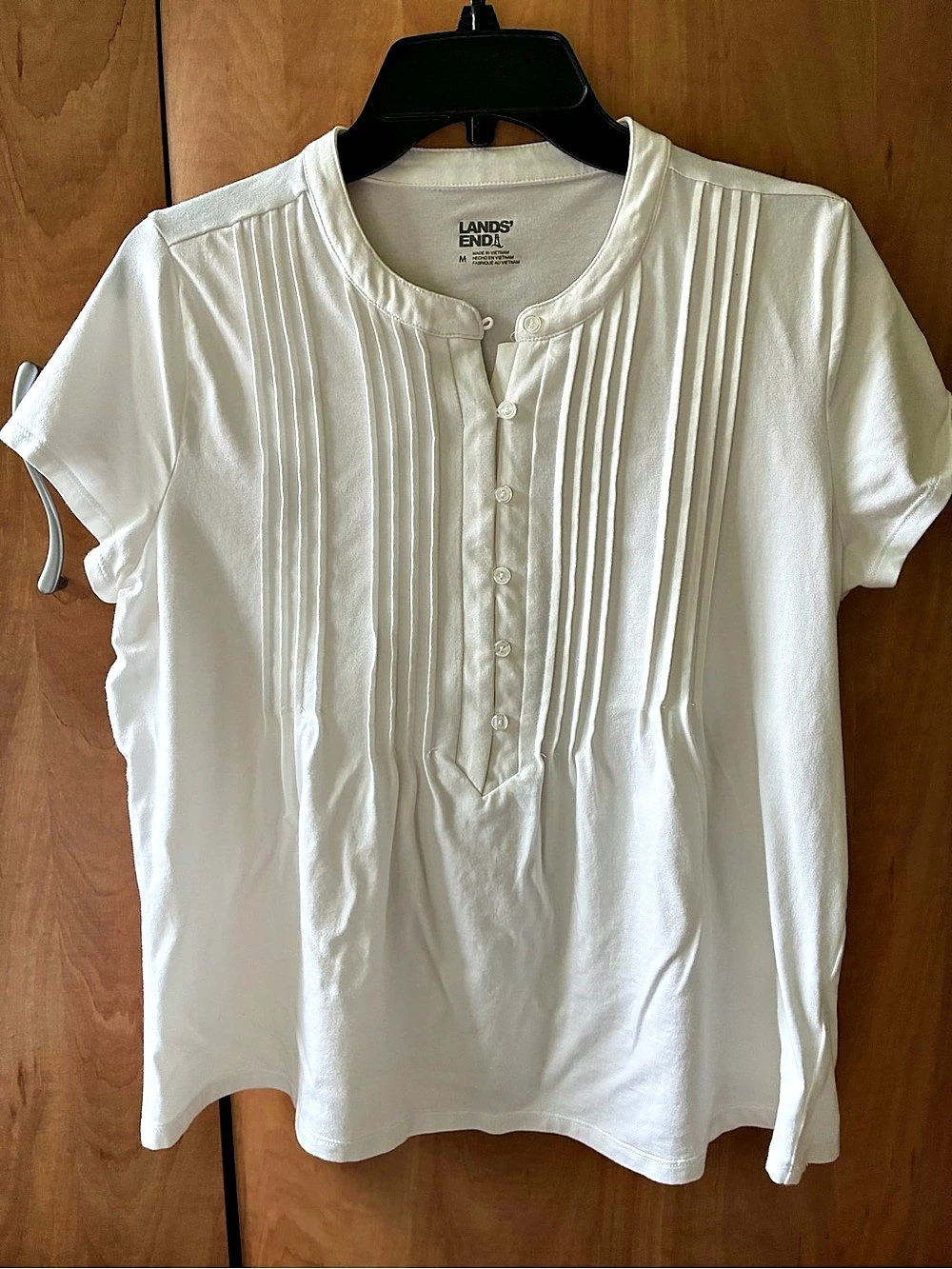 Lands' End Lightweight Jersey Button Pintuck Top White Medium
